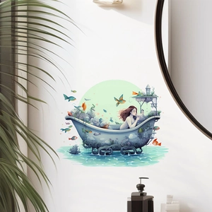 Wandtattoo Mädchen in Badewanne mit Fischen und Mond für Badezimmer Dekoration