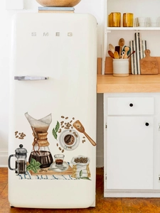 Watercolour coffee theme wall stickers with kettle and cups on a vintage fridge