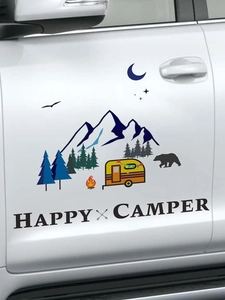 Detailed mountain and camping car sticker decal on a white car door surface
