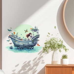 Wandsticker mit Cartoon-Mädchen in Blumenvase und Fischen für die Baddekoration