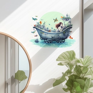 Cartoon Mädchen in Fantasie Badewanne Boot Wandsticker für Badezimmer Deko im Illustrationsstil