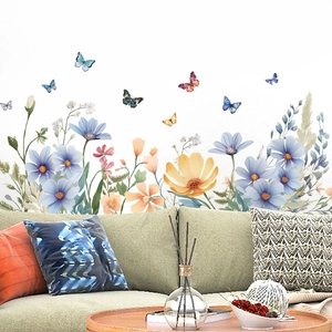 Removable PVC wall sticker with colorful flowers and butterflies for living room decoration