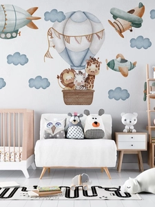 Watercolor animal hot air balloon and vintage planes wall sticker in kid's room decor