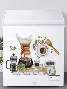 Detailed coffee theme wall stickers with watercolor illustrations on a white fridge surface