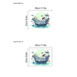 Wandtattoo Karikatur Mädchen in Badewanne mit fliegenden Fischen für Badezimmer