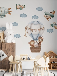 Nursery wall stickers set featuring animals in hot air balloons and clouds decor