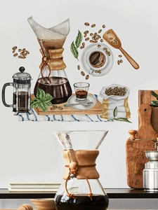 Detail view of watercolor coffee wall decals featuring Chemex and french press illustrations