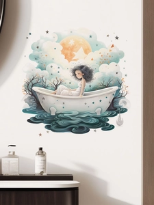 Dettaglio dell'adesivo da parete ragazza in vasca con luna e stelle per decorazione bagno