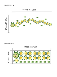 Detailed layout and dimensions of colorful cartoon caterpillar PVC floor stickers for kids