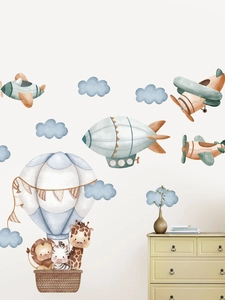 Macro detail of watercolor animal hot air balloon and airplane wall decals for nursery