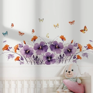 Floral wall stickers featuring purple flowers and colorful butterflies for home nursery decor