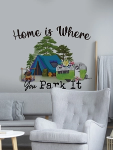 Camping wall decal with tent and RV graphics featuring Home is Where You Park It text