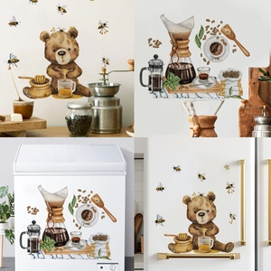 Cartoon Honey Bear And Coffee Machine Wall Stickers Removable PVC Art Decals For Kitchen Dining Room Fridge Decor