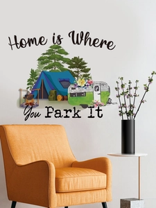 Detail of camping wall decals with tent, van and 'Home is Where You Park It' text
