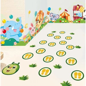 Cartoon animal wall stickers with colorful balloon circus and yellow footprint floor decals