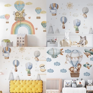 Cartoon Animal Hot Air Balloon Wall Stickers Watercolor PVC Removable Decals For Kids Room Nursery Bedroom Living Room Decor