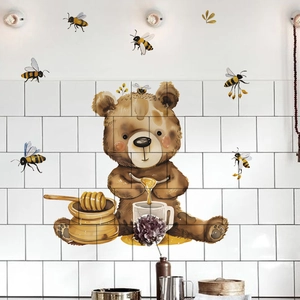 Watercolor cartoon bear and honey jar wall sticker for kitchen tile decoration