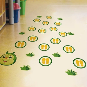 Cartoon caterpillar floor stickers with yellow footprints for kids sensory play area