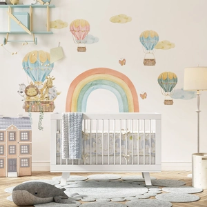 Watercolor cartoon animal hot air balloon wall decals for nursery room decoration