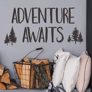 Adventure Awaits wall decal with pine trees silhouette for mountain style home decor
