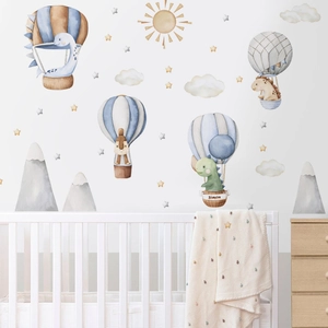 Watercolor dinosaur hot air balloon wall decals for nursery decor with sun and clouds