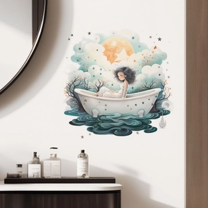 Adesivo murale ragazza in vasca da bagno con luna e stelle per arredo bagno creativo