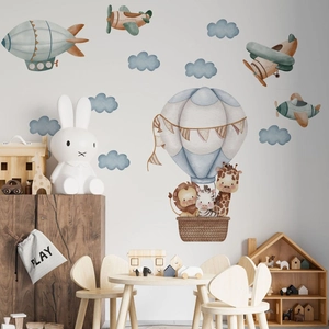 Cartoon animals in hot air balloons and airplanes watercolor wall decal for kids rooms