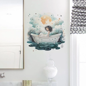Adesivo murale di una ragazza in vasca con stelle e luna sulla parete del bagno