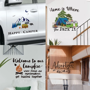 Adventure Awaits Camping Mountain Tent English Phrase Wall Stickers PVC Self Adhesive Art Decals For RV Car Home Decor