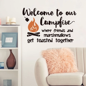 Modern wall sticker with campfire graphic and 'Welcome to our Campfire' quote for home decor
