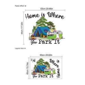 Cartoon mountain camping wall stickers with tent, van and 'Home is Where You Park It' text