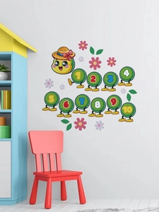 Close-up of educational caterpillar wall stickers with numbers on a clean white bedroom wall