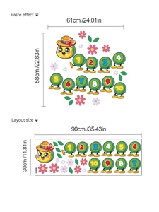 Detailed wall sticker layout and paste dimensions for cartoon caterpillar number decals