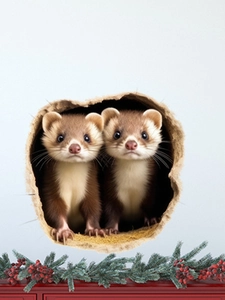 3D hole effect wall sticker with realistic raccoons peering through torn paper with berries