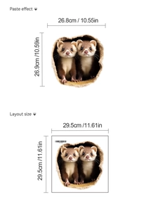 3D raccoon bathroom stickers showing paste effect and original layout dimensions