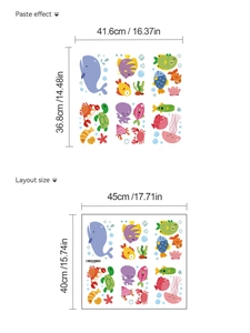 Detail showing cartoon ocean world wall decals with whale and jellyfish layout dimensions