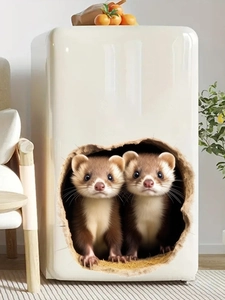 3D raccoon wall stickers showing two animals peering through a tear on a white fridge