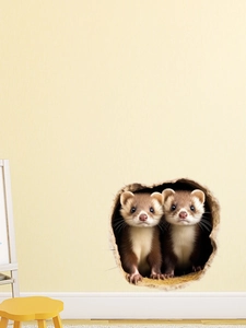 3D realistic raccoon animal wall stickers popping out from hole for bathroom decor