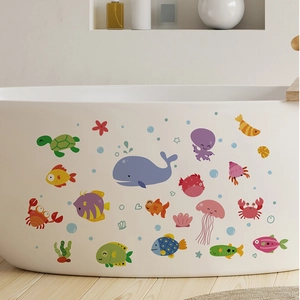 Cartoon ocean whale and jellyfish waterproof PVC wall decals for bathtub decoration