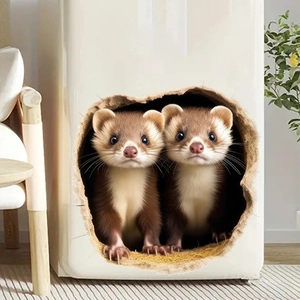 3D realistic raccoon animal wall stickers for bathroom decor with cute cracked hole effect