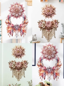 Adesivo murale con fiori rosa con nappa bohémien e decorazione con piume di mandala