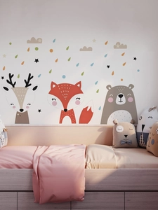Detail of forest animal wall decals featuring cute deer, fox and bear in a nursery room