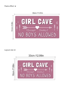 Dimensions du sticker mural 33x18cm et rendu final 30x15,2cm pour décoration Girl Cave Kids