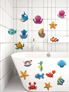 Detailed view of colorful ocean animal wall stickers on white bathroom tiles and bathtub