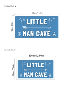 Dimensions détaillées du sticker mural Little Man Cave avec mise en page camping