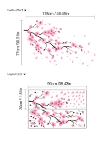 Adesivo murale con fiori di ciliegio rosa con dettagli su dimensioni e layout finale