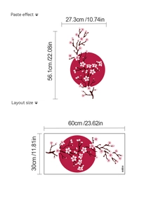 Detail view of Japanese cherry blossom wall sticker with layout and paste size specifications