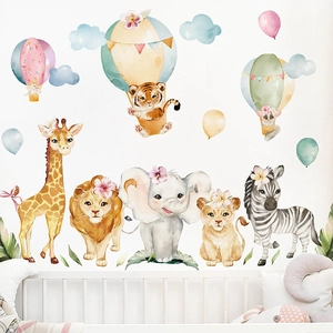 Stickers Muraux Animaux de la Jungle à l'Aquarelle Lion Éléphant Girafe Montgolfière Décalcomanies PVC pour Chambre d'Enfant