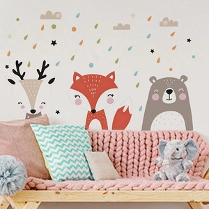 Cartoon forest animals wall stickers featuring deer, fox, and bear for nursery decor