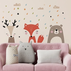Cartoon forest animals wall stickers with deer fox and bear for nursery room decor